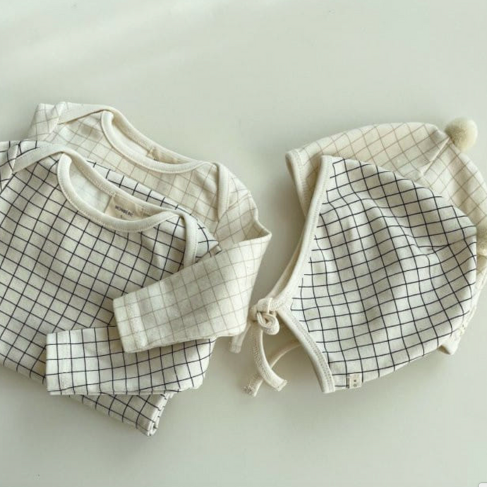 Newborn Bodysuit + Bonnet Set (Black Check)